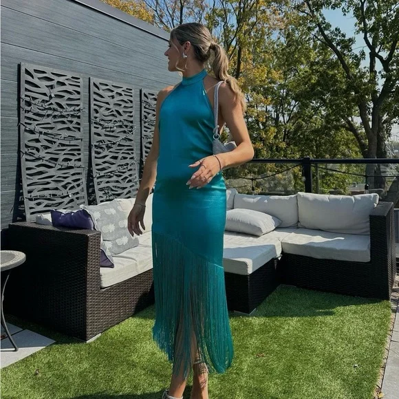 Zara Dresses Zara Frinted Satin Effect Halter Dress Sea Green